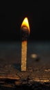 Lighted matchstick rests on a textured brown wooden surface Royalty Free Stock Photo