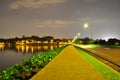 A lighted pathway in perspective by the water