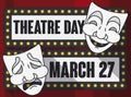 Lighted Sign and Masks to Celebrate World Theatre Day, Vector Illustration