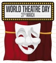 Lighted Sign, Stage Curtain and Mask to Celebrate Theatre Day, Vector Illustration