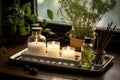 lighted white candles and essential oil diffuser on a tray