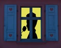 Lighted window frame with a silhouette of a romantic person smelling a rose, valentines day concept