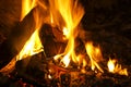 Lighted wood logs in a fireplace. Wood heating. Vegetable combustion heat