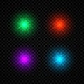 Set of four green, red, purple and blue glowing lights starburst effects with sparkles