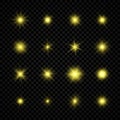 Set of sixteen yellow glowing lights starburst effects Royalty Free Stock Photo