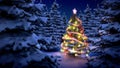 Lightened christmas tree in pine woods Royalty Free Stock Photo