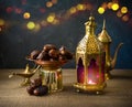 Lightened lantern and dates fruit on wooden table over dark background. Ramadan kareem holiday celebration concept Royalty Free Stock Photo