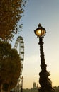 lightened old street lamp on the bank of Thames river during autumn season during sunset