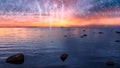 Lightening sky ,stars full starry sky seaside,  sunset summer night seascape city panorama night light reflection n water harbor m Royalty Free Stock Photo