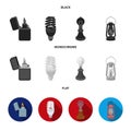 Lighter, economical light bulb, edison lamp, kerosene lamp.Light source set collection icons in black, flat, monochrome