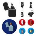 Lighter, economical light bulb, edison lamp, kerosene lamp.Light source set collection icons in black, flat style vector