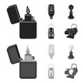 Lighter, economical light bulb, edison lamp, kerosene lamp.Light source set collection icons in black,monochrom style