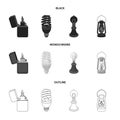 Lighter, economical light bulb, edison lamp, kerosene lamp.Light source set collection icons in black,monochrome,outline