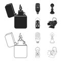 Lighter, economical light bulb, edison lamp, kerosene lamp.Light source set collection icons in black,outline style