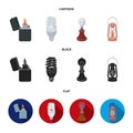 Lighter, economical light bulb, edison lamp, kerosene lamp.Light source set collection icons in cartoon,black,flat style