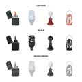 Lighter, economical light bulb, edison lamp, kerosene lamp.Light source set collection icons in cartoon,black,monochrome