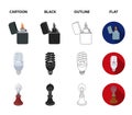 Lighter, economical light bulb, edison lamp, kerosene lamp.Light source set collection icons in cartoon,black,outline