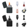 Lighter, economical light bulb, edison lamp, kerosene lamp.Light source set collection icons in cartoon,black style