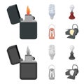 Lighter, economical light bulb, edison lamp, kerosene lamp.Light source set collection icons in cartoon,monochrome style