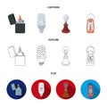 Lighter, economical light bulb, edison lamp, kerosene lamp.Light source set collection icons in cartoon,outline,flat