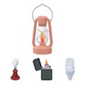 Lighter, economical light bulb, edison lamp, kerosene lamp.Light source set collection icons in cartoon style vector