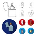 Lighter, economical light bulb, edison lamp, kerosene lamp.Light source set collection icons in outline,flat style