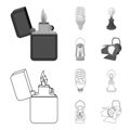 Lighter, economical light bulb, edison lamp, kerosene lamp.Light source set collection icons in outline,monochrome style