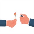 Lighter and matches in hand. Vector illustration flat design Royalty Free Stock Photo