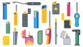 Lighters set. Cartoon disposable and reusable lighters icons, flammable fuel ignition equipment, burn cigarette plastic