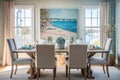 Lightfilled Dining Area With Rustic Coastal Table And Coastalinspired Artwork Coastal Interior Design. Generative AI Royalty Free Stock Photo