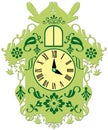 Colorful rich decorated lighgreen cuckoo clock Royalty Free Stock Photo