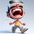 Lighthearted 3D caricature, exaggerated features, chuckles uncontrollably in virtual reality headset, 3D Movies-style