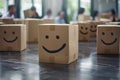 Smiling cardboard boxes with blurred office background