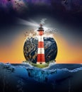 Lighthoues on island illustration, sky and underwater marine life.