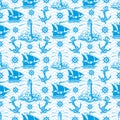 Seamless pattern with lighthouse ships and anchors.