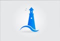 Logo blue lighthouse sea waves and birds Royalty Free Stock Photo