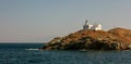 Lighthouse and agios Nikolaos church on rocky land. Kea,Tzia island, Greece. Sky background, banner. Royalty Free Stock Photo