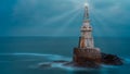 Old white lighthouse tower isolated in calm blue sea water after sunset. Landscape of lighthouse emitting light and rays 