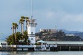 Lighthouse with Alcatraz island on the background Royalty Free Stock Photo