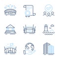 Lighthouse, Arena stadium and Sports arena icons set. Court building, Skyscraper buildings signs. Vector