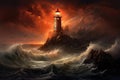 Lighthouse on the background of the stormy sea, An isolated iron lighthouse shining out to sea at night as it sits on a rocky Royalty Free Stock Photo