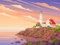 Lighthouse on bank, rocky shore. Beautiful scenic landscape, picturesque scenery with view of beacon Royalty Free Stock Photo