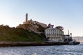 Lighthouse, barracks apartment and shipdock at Alcatraz Island Prison, San Francisco California USA, March 30, 2020