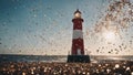 lighthouse on the beach lighthouse is being hit by a large wave of confetti that is falling