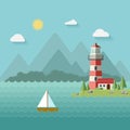 Lighthouse on the beach, island, mountains in the background, a yacht or a ship in water