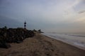 Lighthouse on the beach at sunrise, Pondicherry, India