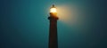 Lighthouse beacon cutting through fog on desolate rugged shoreline, guiding sailors home in mist