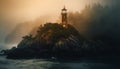 The lighthouse beacon illuminates the rocky coastline at dusk generated by AI