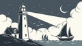 Lighthouse beacon at night, guiding light for sailors. vector design Generative AI Royalty Free Stock Photo