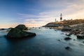 Lighthouse beacon sitting on a cliff overlooking the ocean during sunset. Montauk State Park New York